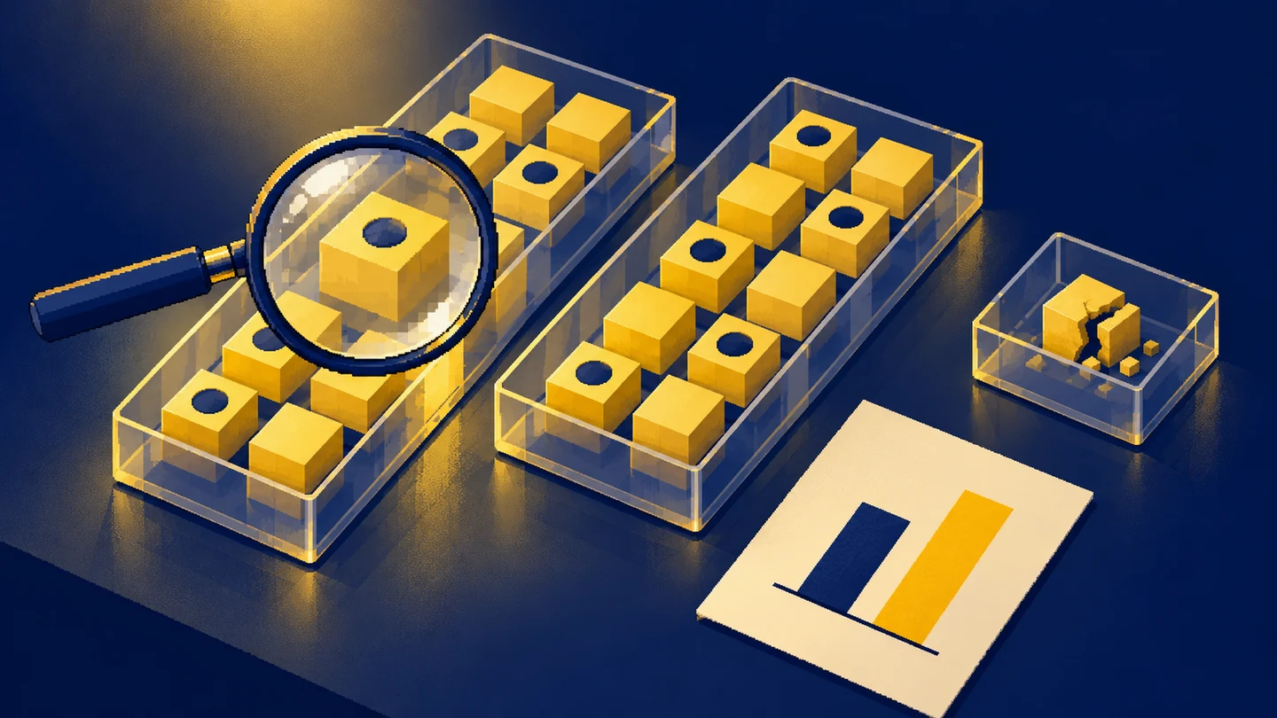 Two trays of parcels, a magnifying lens and a separate tray with a broken piece illustrate checking comparable data.