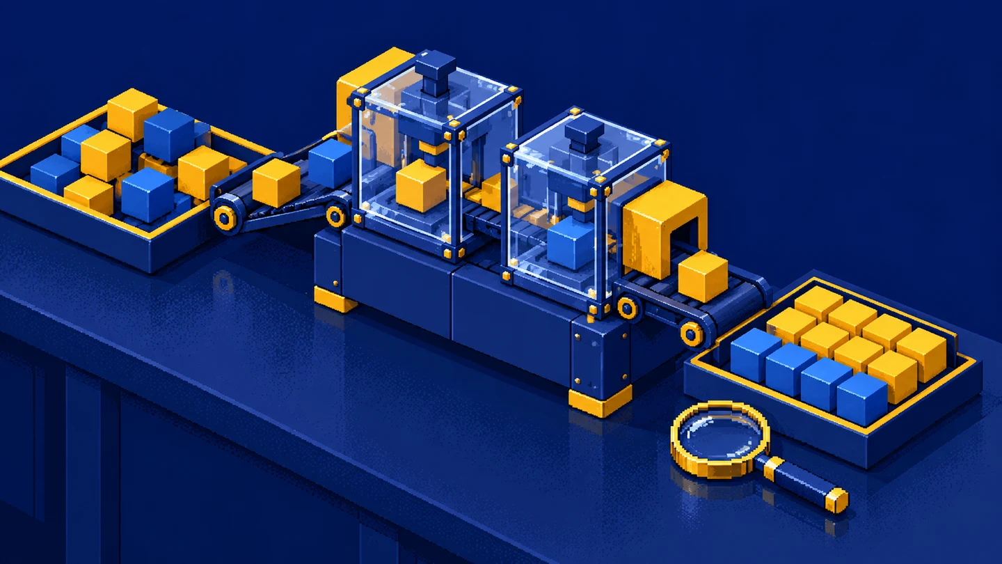 Two transparent chambers organise geometric blocks, with a magnifying lens beside the output.