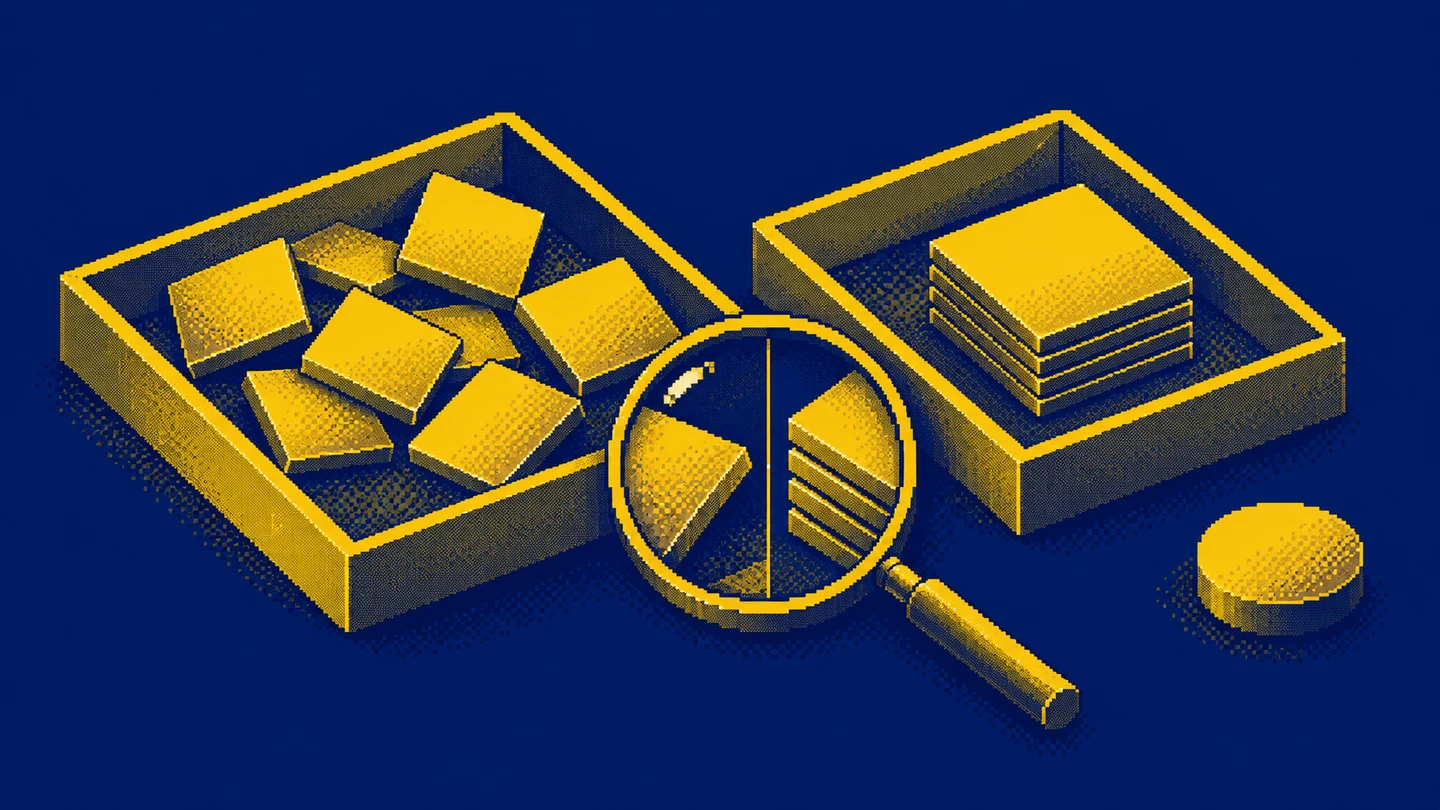 A lens compares scattered square tiles with an orderly stack, while a round tile remains separate.