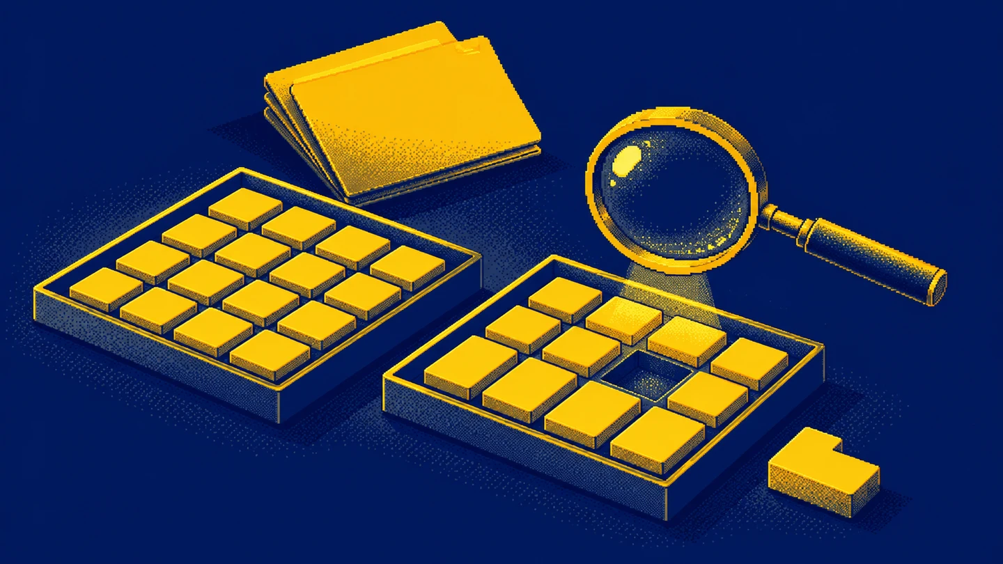 A magnifying glass examines a tray with an empty slot and a mismatched tile set aside.
