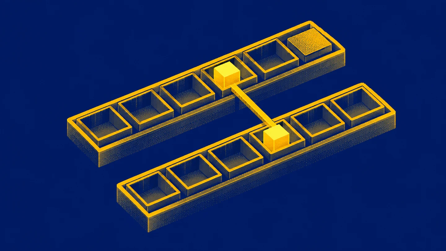 Two separate trays contain compartments linked by a shared bridge, representing shared nested elements.