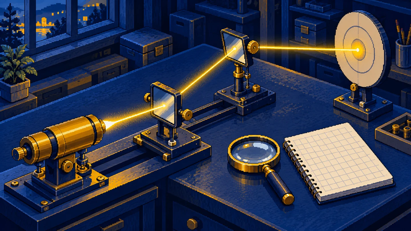 Adjustable mirrors guide a golden beam to the centre of a target in a quiet workshop.
