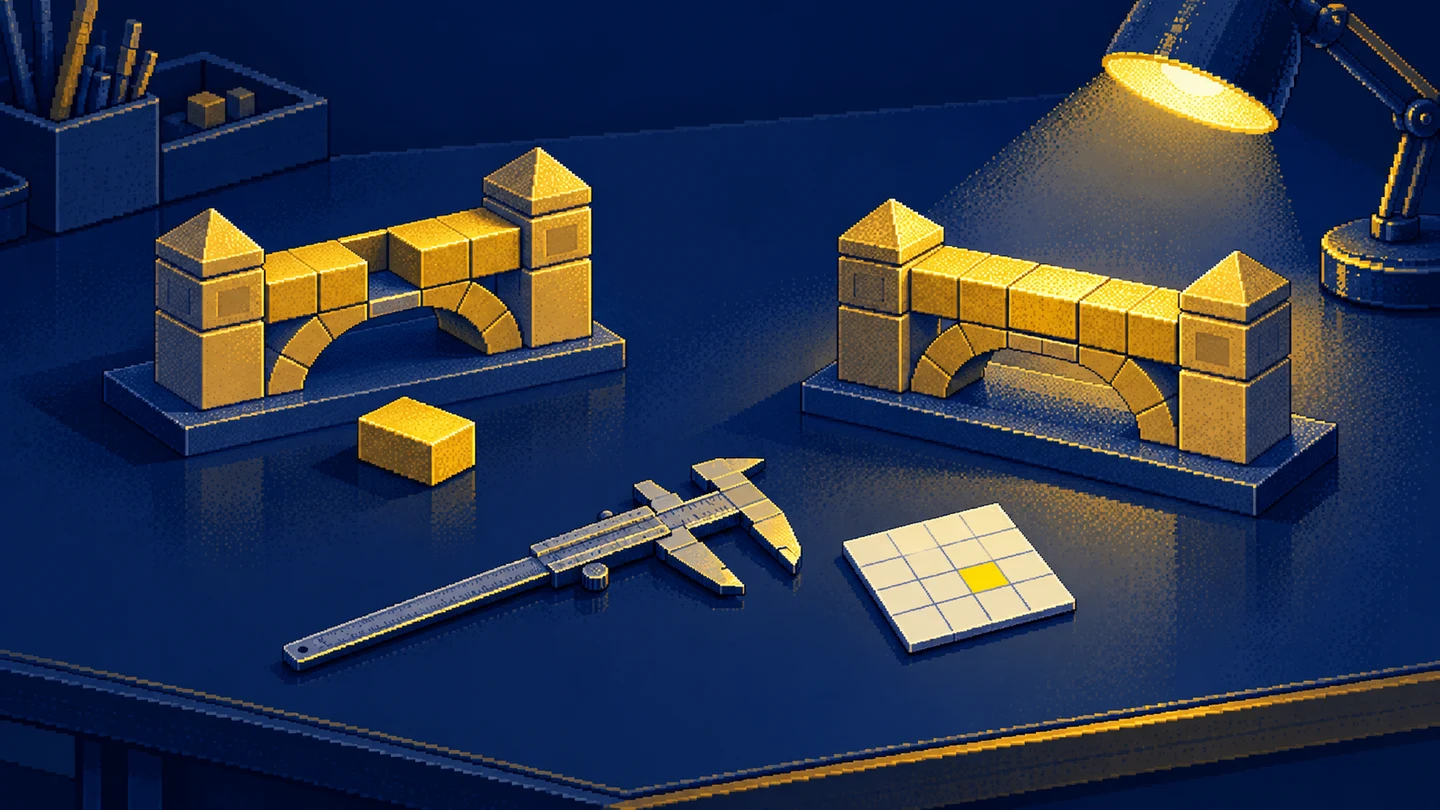 Two bridge models show a specific gap and a fitted replacement block, with a measuring tool beside them.