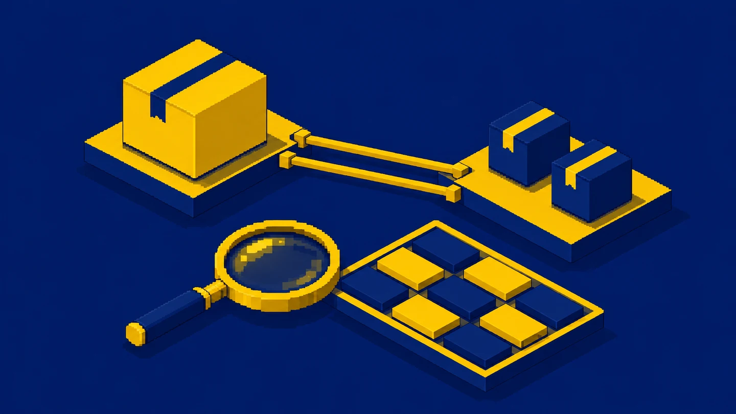 One large parcel connected to two smaller items, with a magnifying glass beside record tiles.