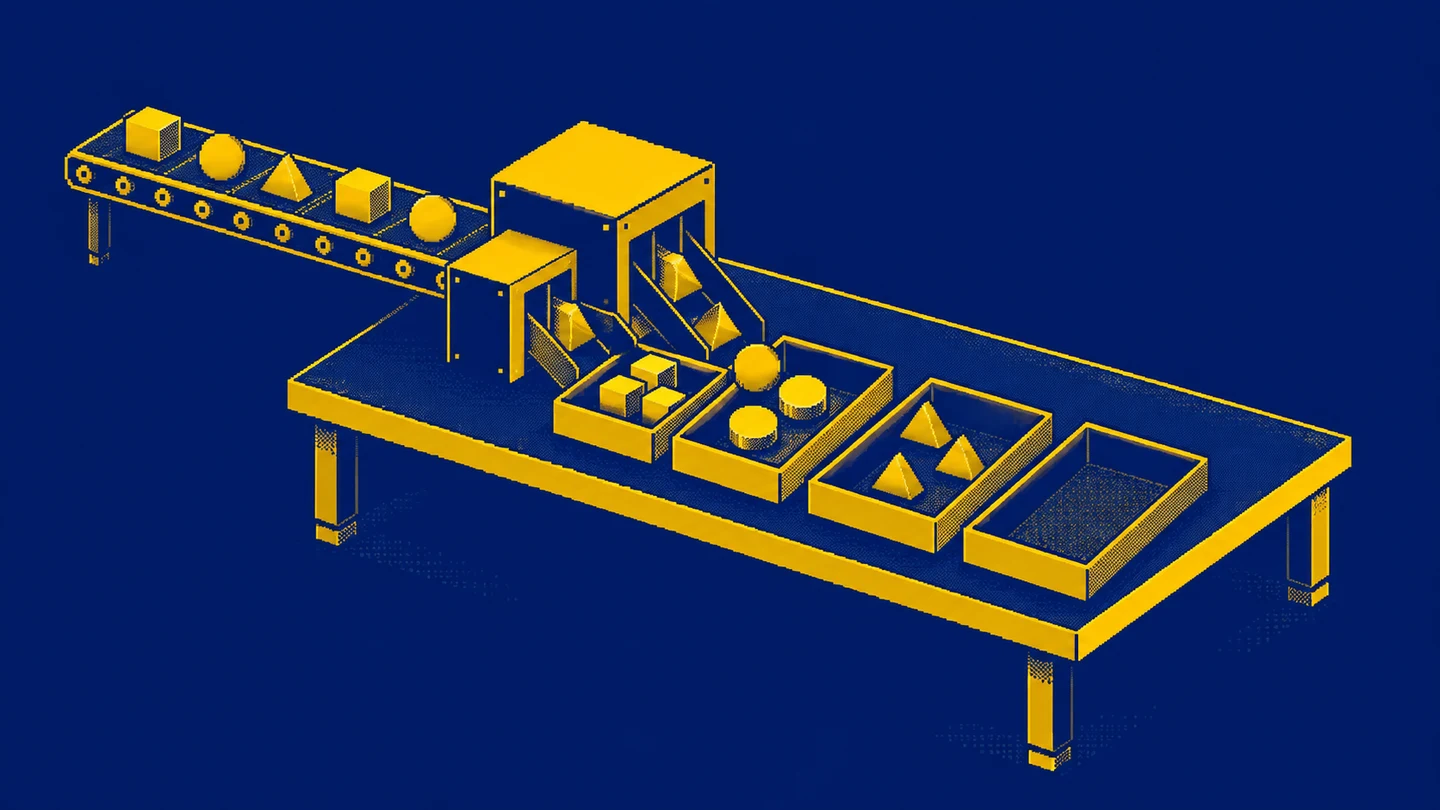 A sorting station directs geometric records into trays, leaving a separate empty position.
