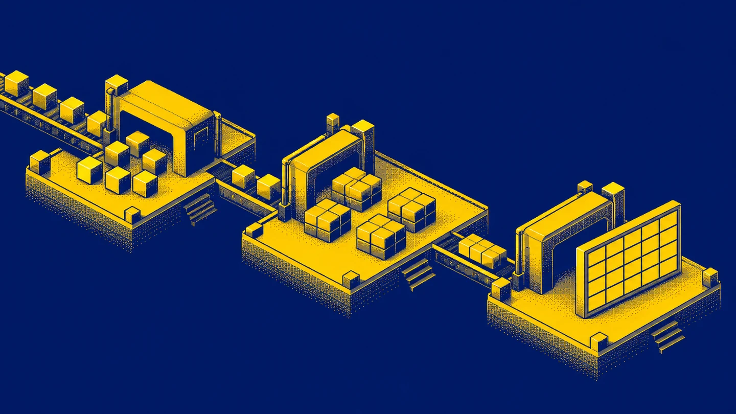 Three pixel-art platforms transforming raw blocks into groups and a report grid