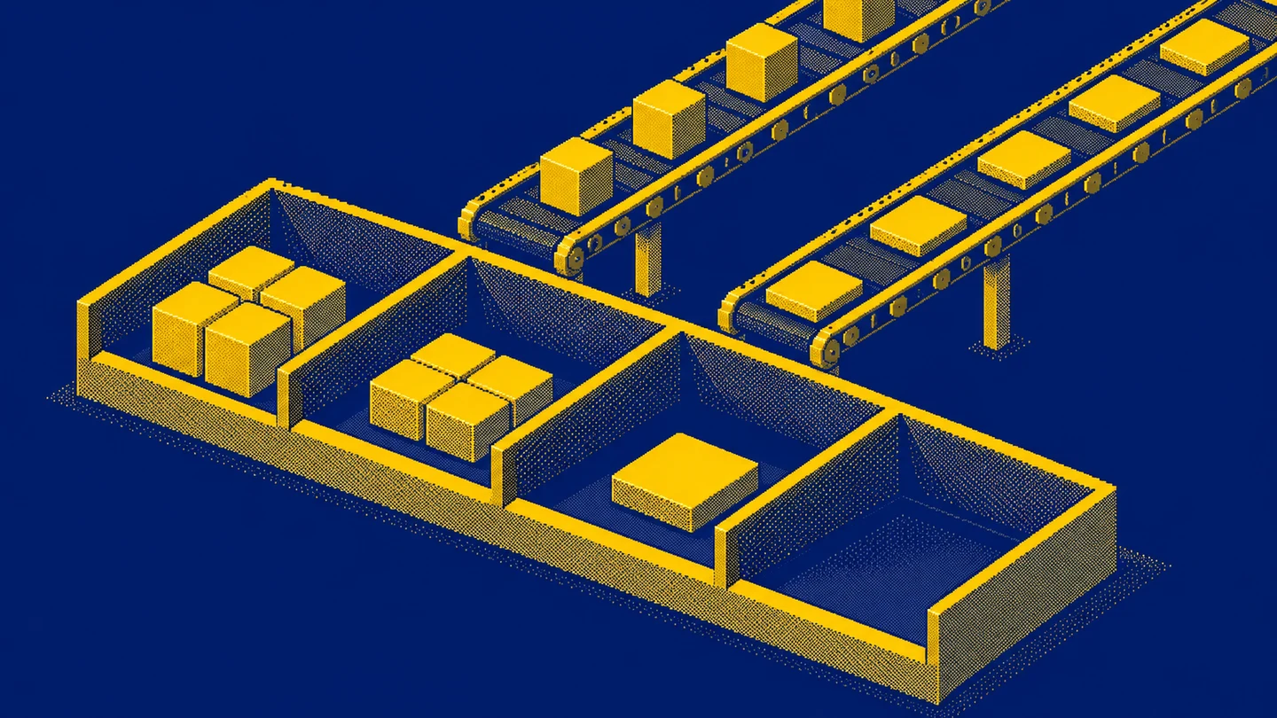 Pixel-art compartments containing grouped blocks, one flat tile and an empty reporting period