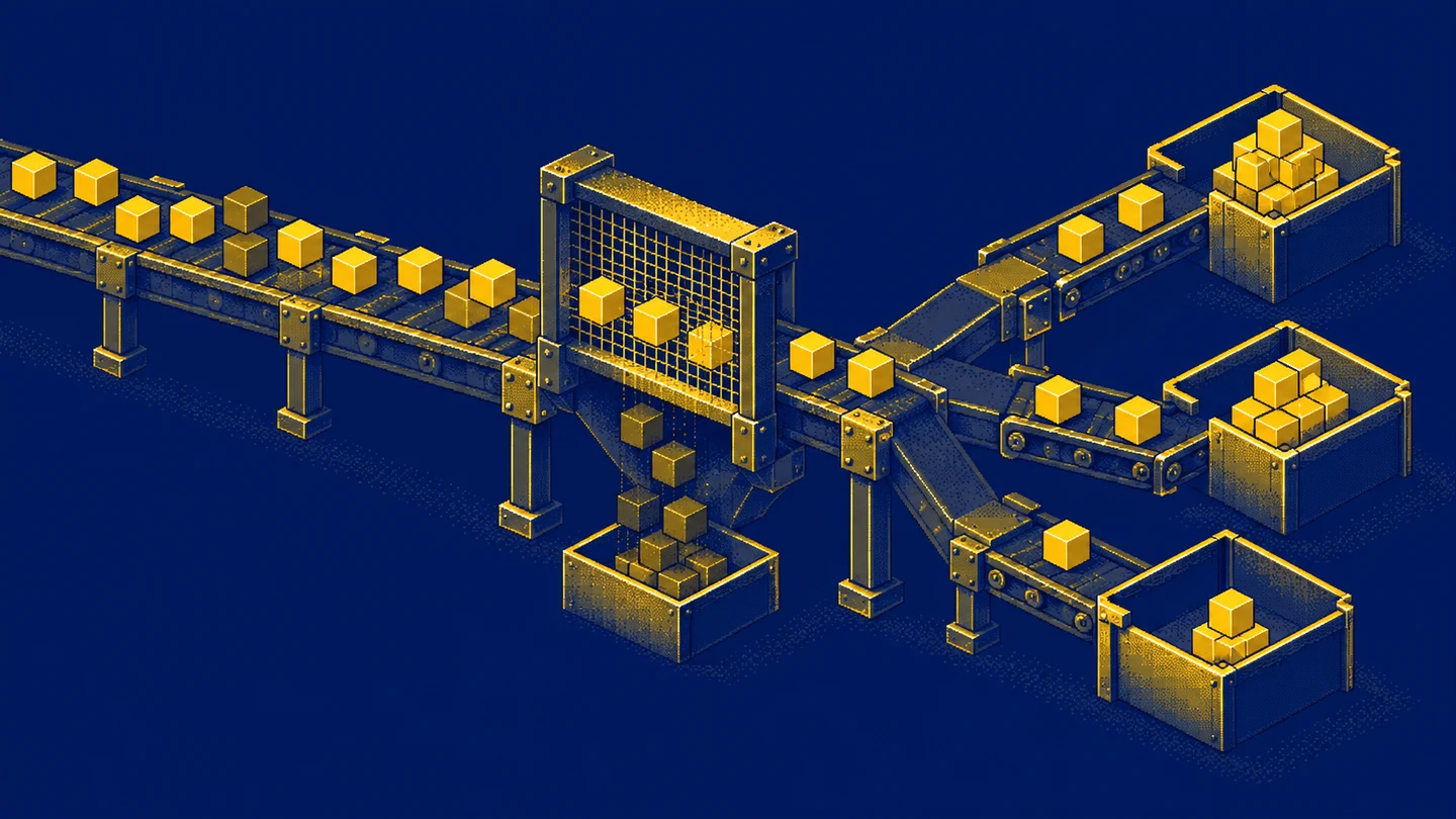Golden cubes pass through a sieve and collect in separate bins