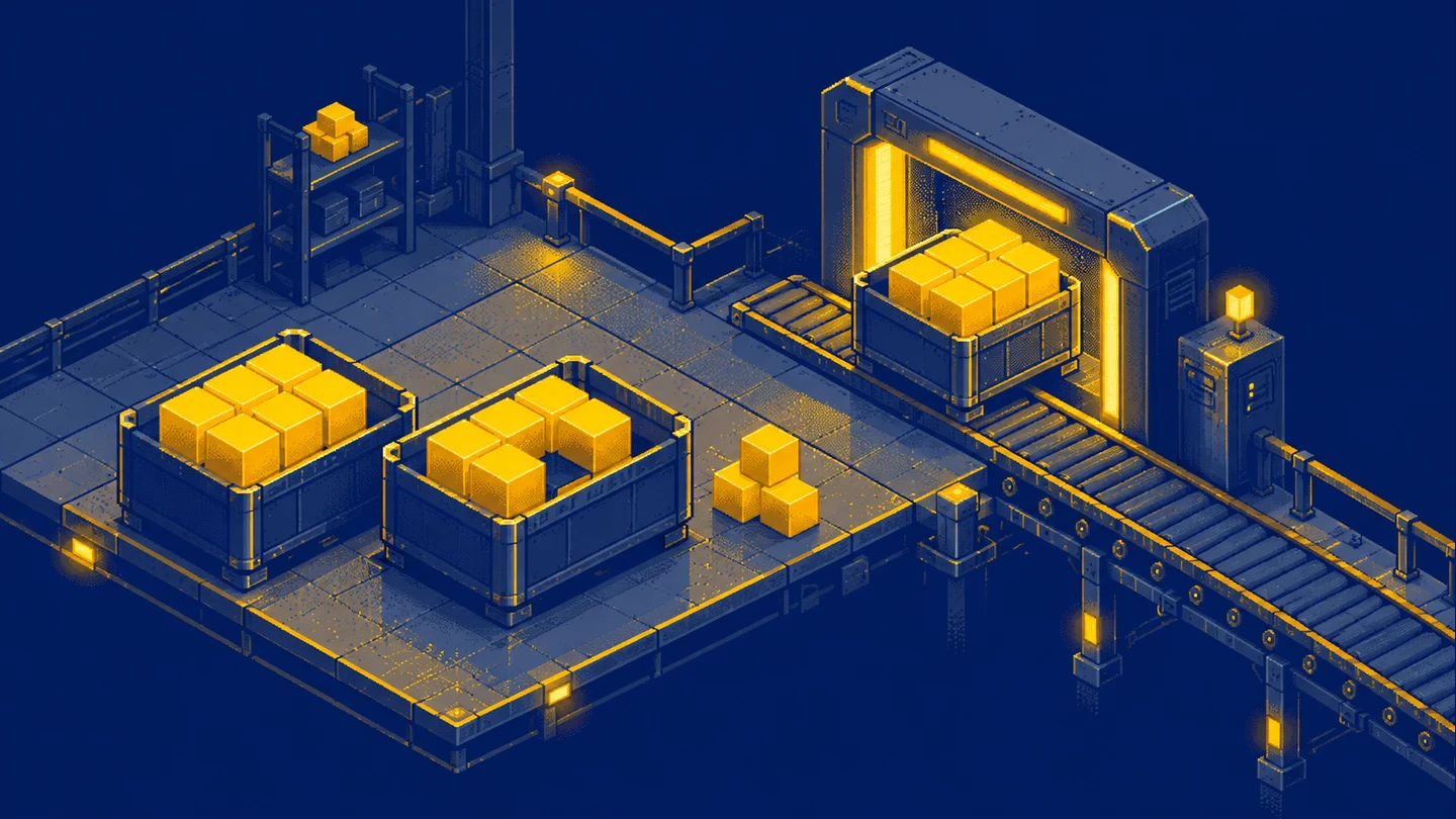 Grouped cubes collect in bins while a final gate inspects complete stacks