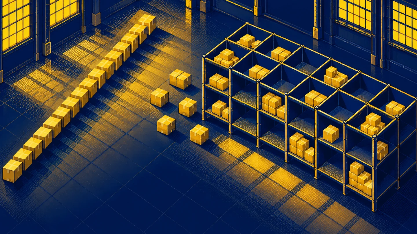 A line of parcels rearranged into a grid of warehouse compartments, with some positions empty.