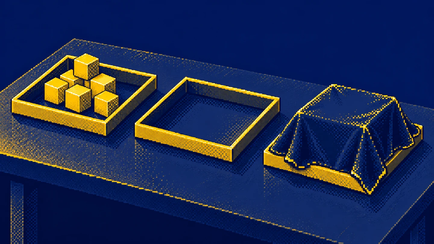 Three trays containing cubes, nothing and an opaque cover distinguish a quantity, zero and unknown contents.