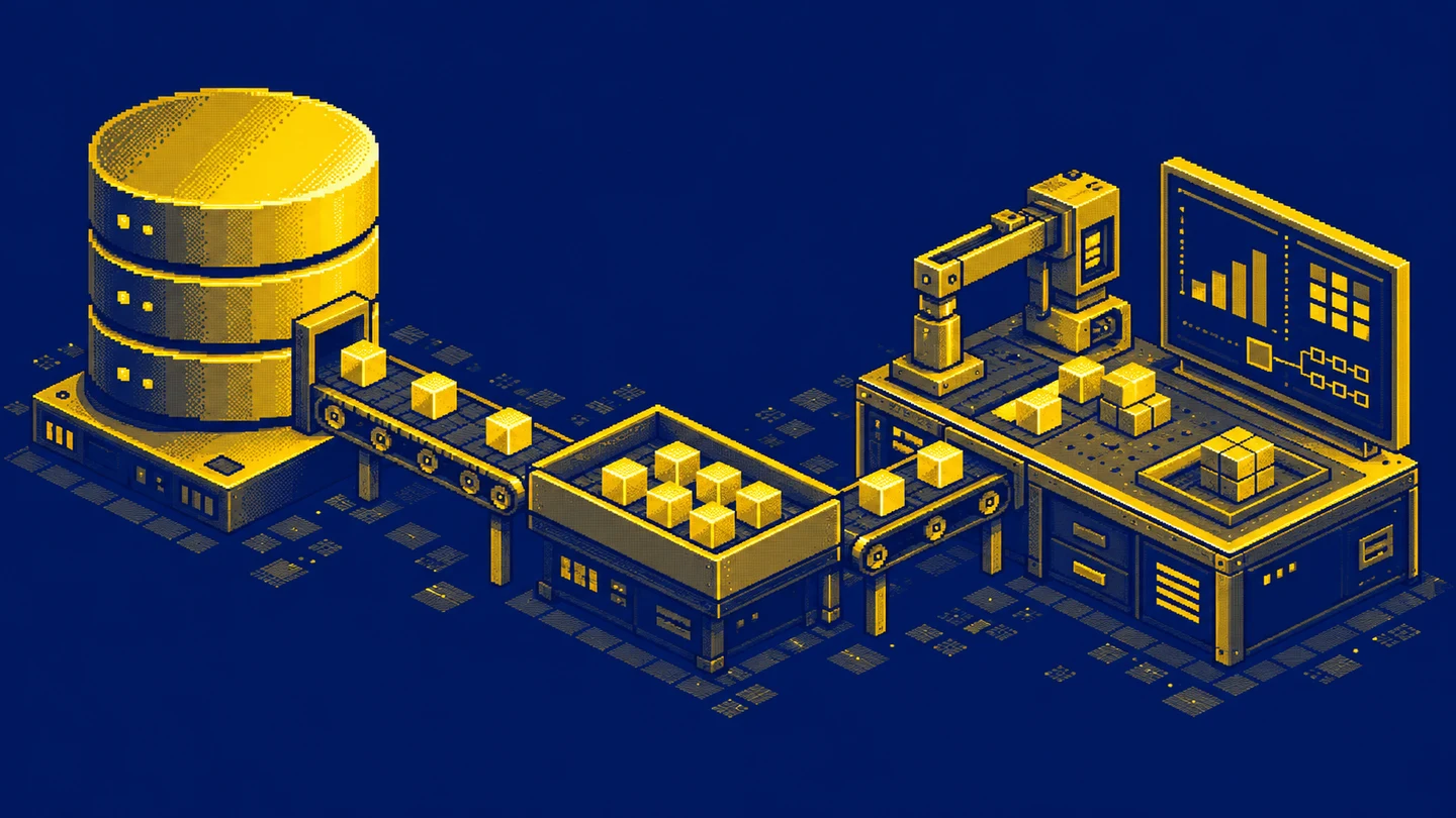 A database passes organised blocks to a general purpose processing workshop.