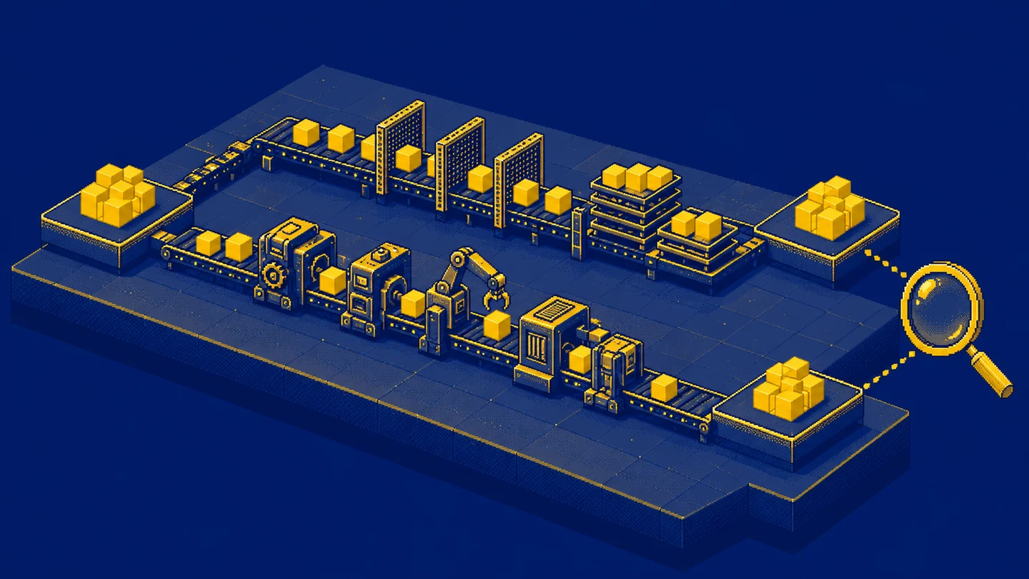 Two different processing lanes produce matching outputs that are inspected with a magnifying lens.