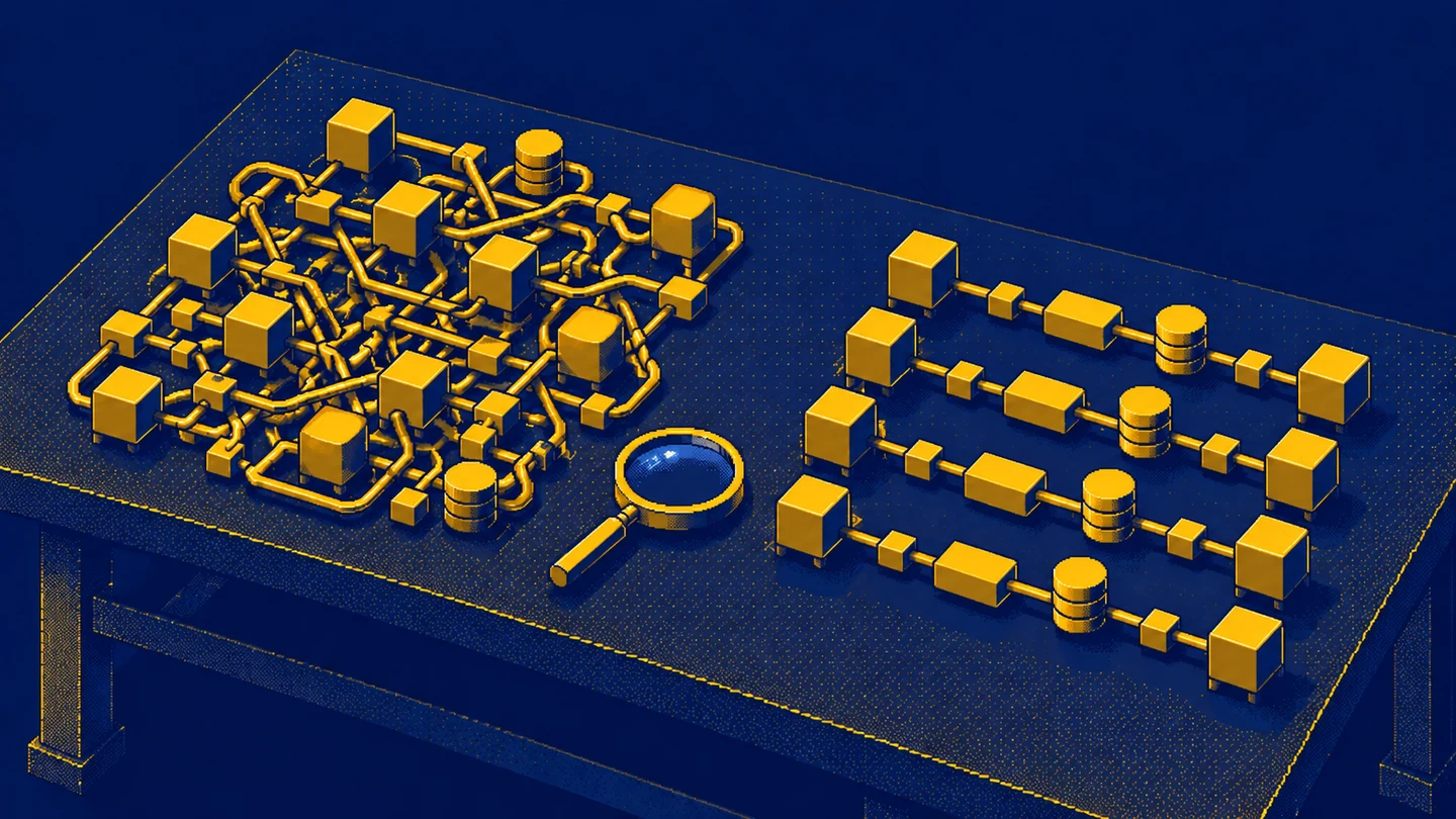 A pixel-art workbench with tangled connections beside orderly rows of golden blocks