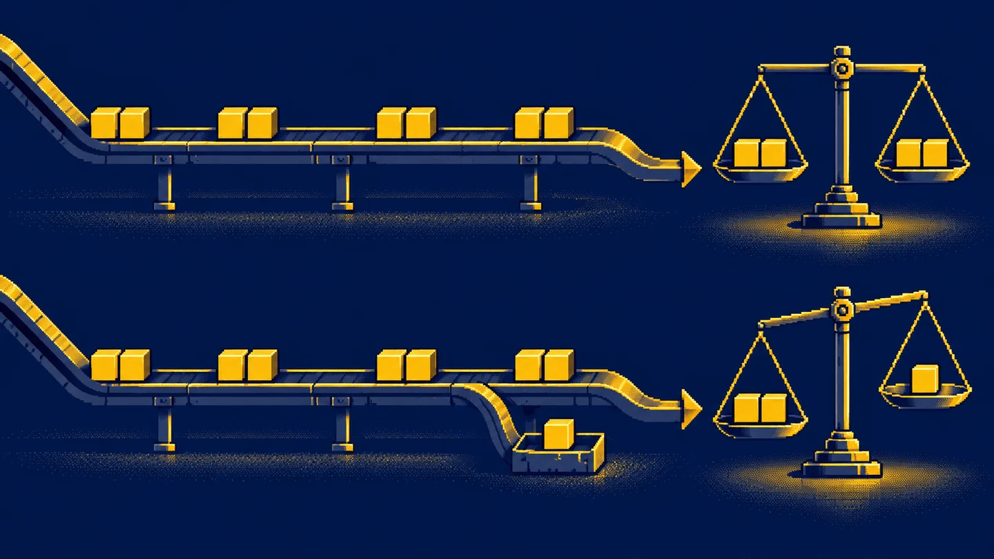 Two pixel-art paths carrying matched pairs, with an additional retained piece on one path