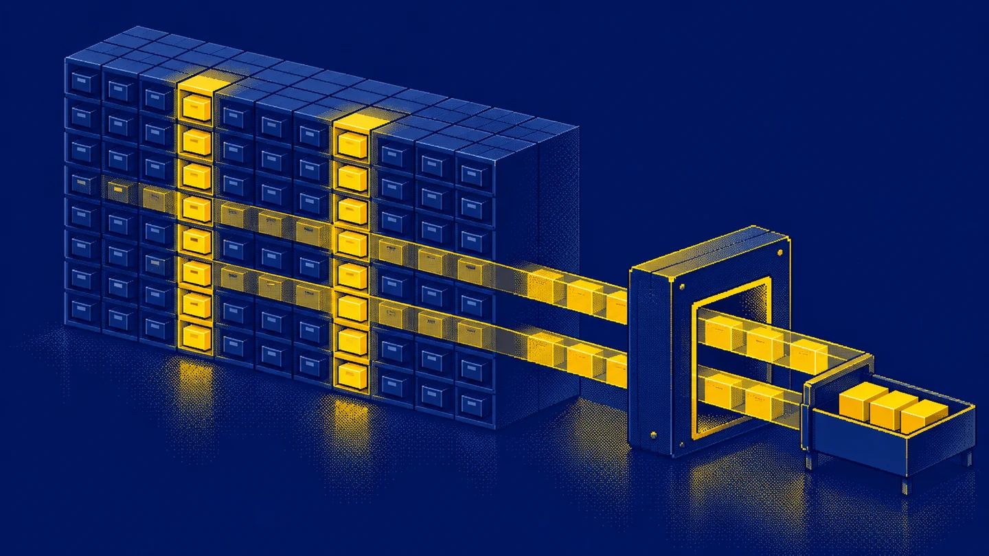 A pixel-art archive with highlighted columns and rows passing through a selection gate