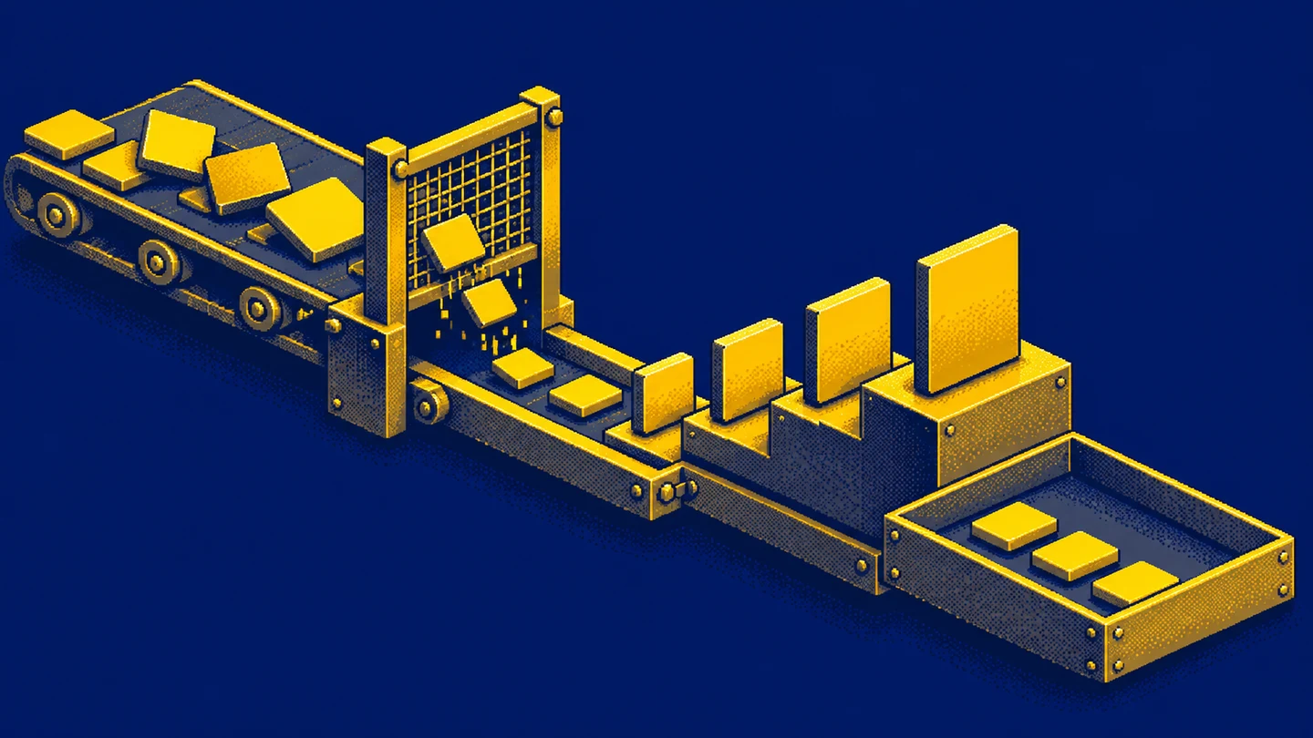 A pixel-art mechanism filtering tiles and arranging selected pieces on stepped rails