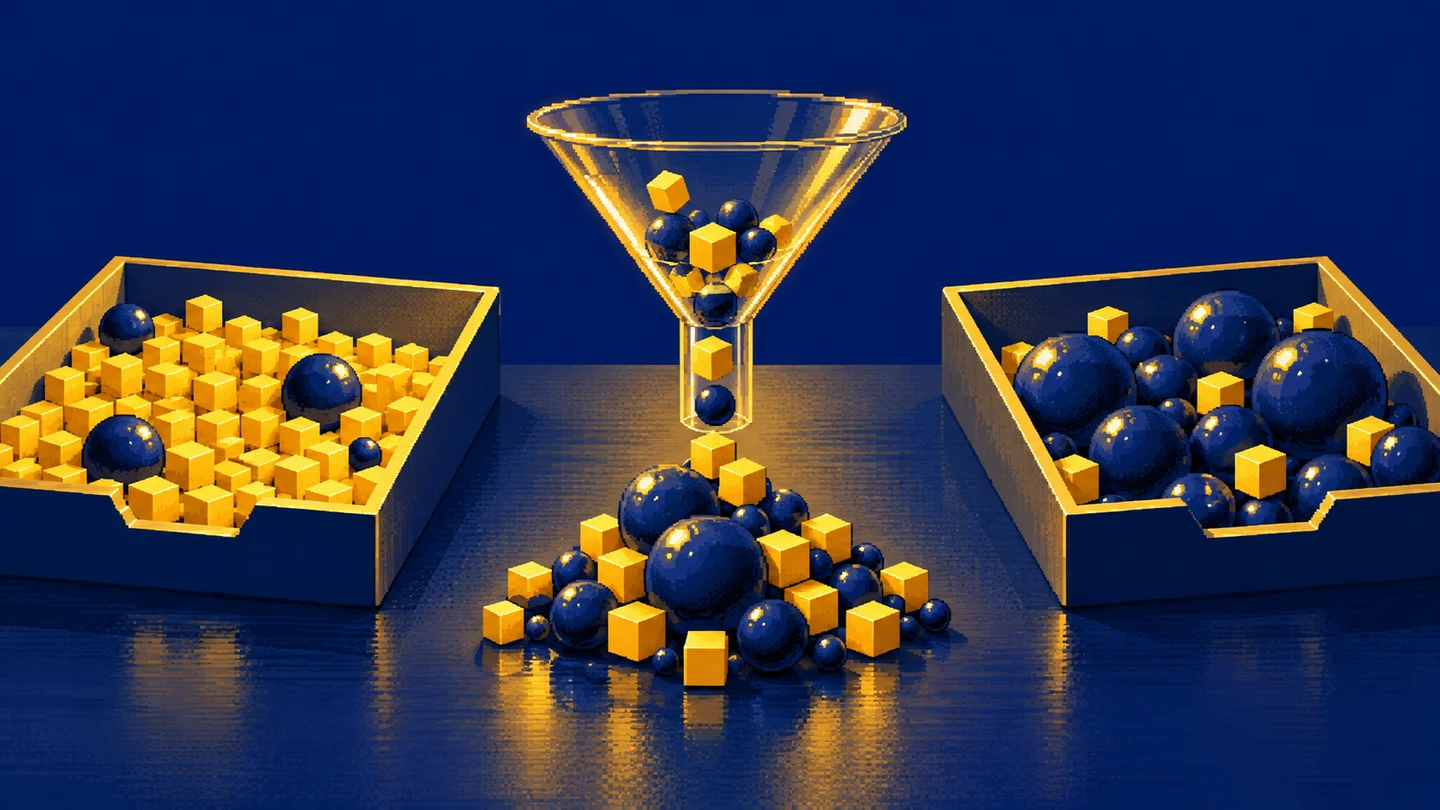 Two trays with different compositions and a funnel combining their contents represent aggregation