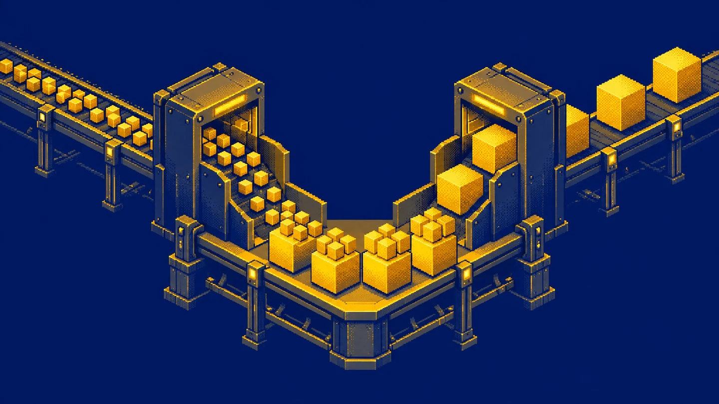 Two streams of small and large blocks pass through separate chambers into matching groups