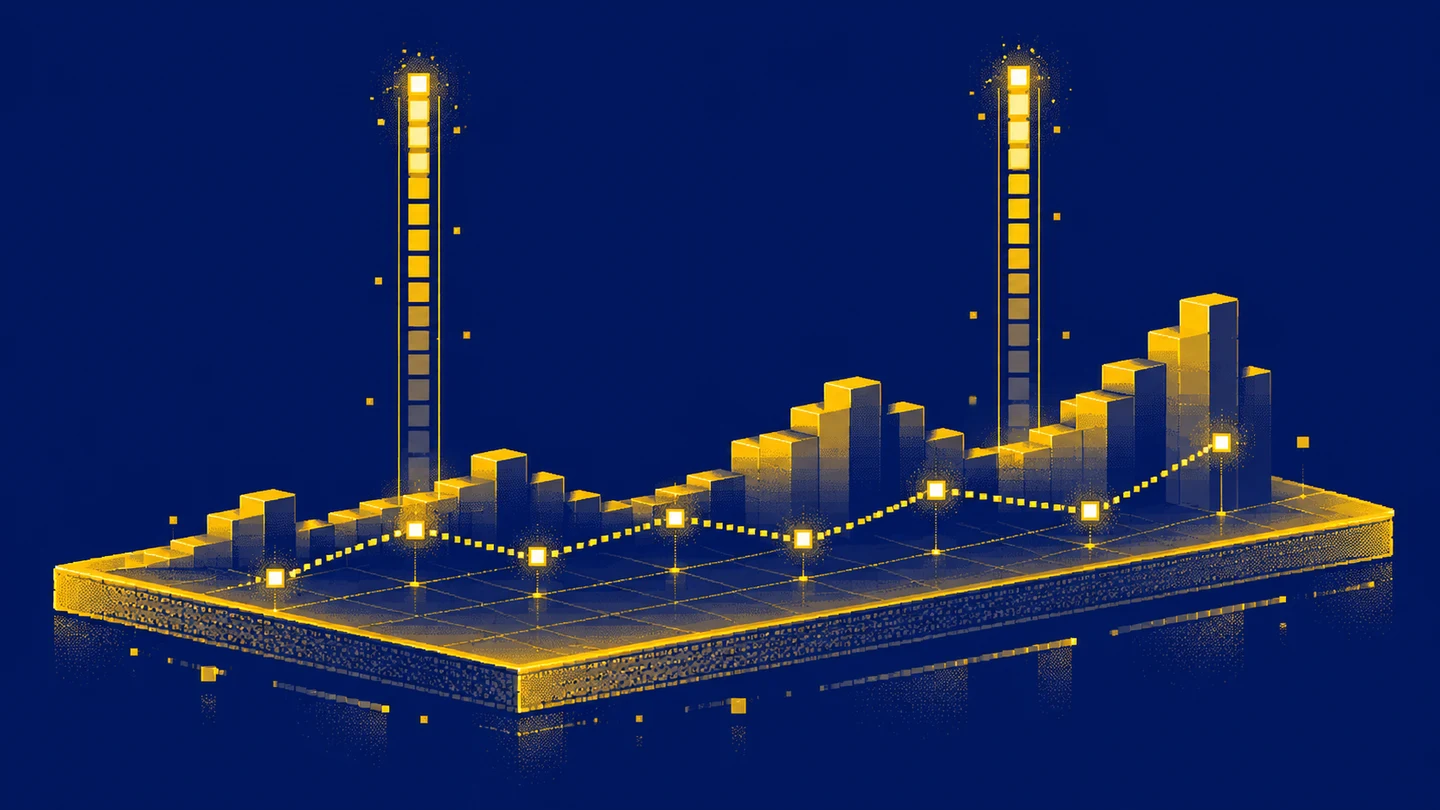 Two measuring rails stand above a shared platform of bars and a glowing path