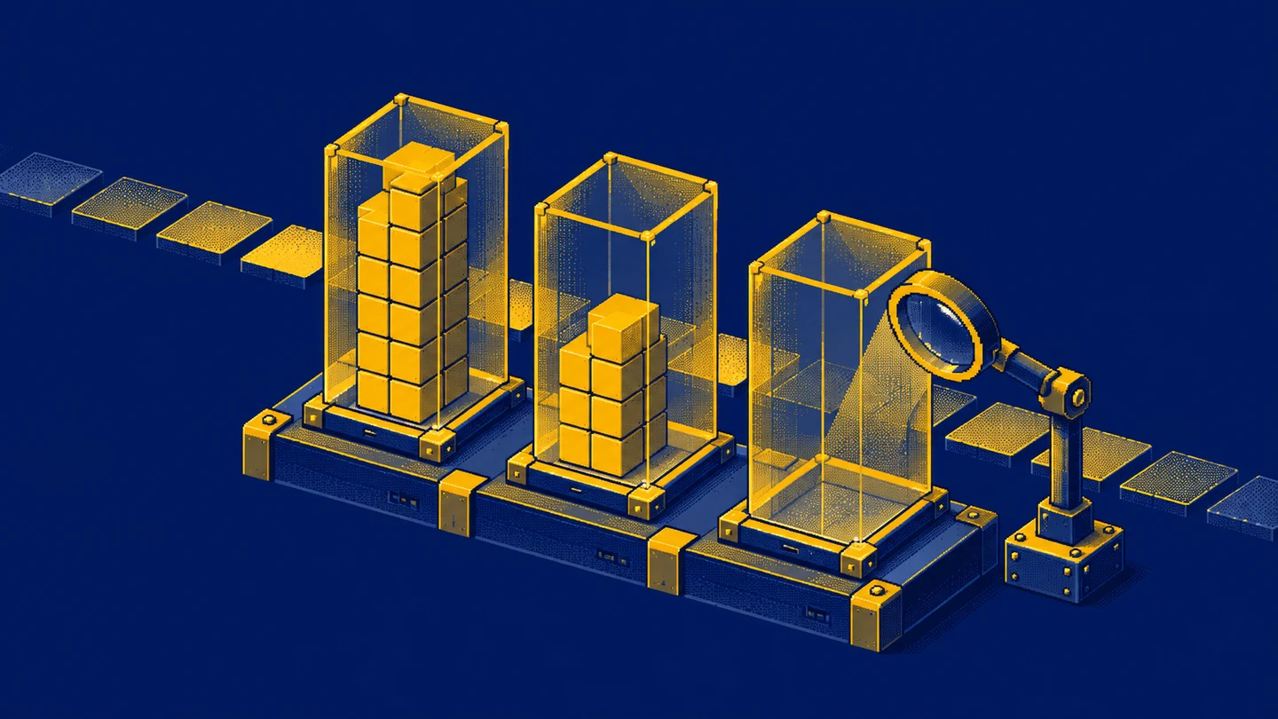 Two stacks of values being compared while a magnifying lens checks an empty base
