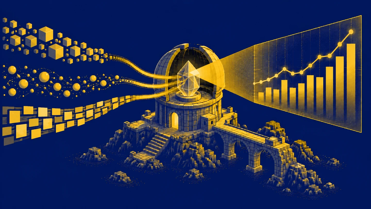 Streams of data passing through an observatory prism and becoming a chart