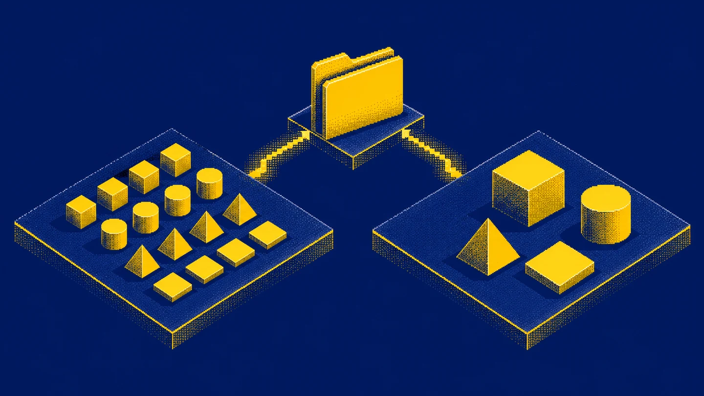 One source folder connects to two different arrangements of geometric data shapes on work surfaces.
