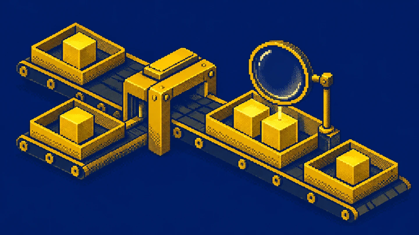 A magnifying lens checks two identical blocks beside a separate unmatched block.