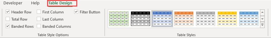Zakładka Table design zmienia kolory tabeli.