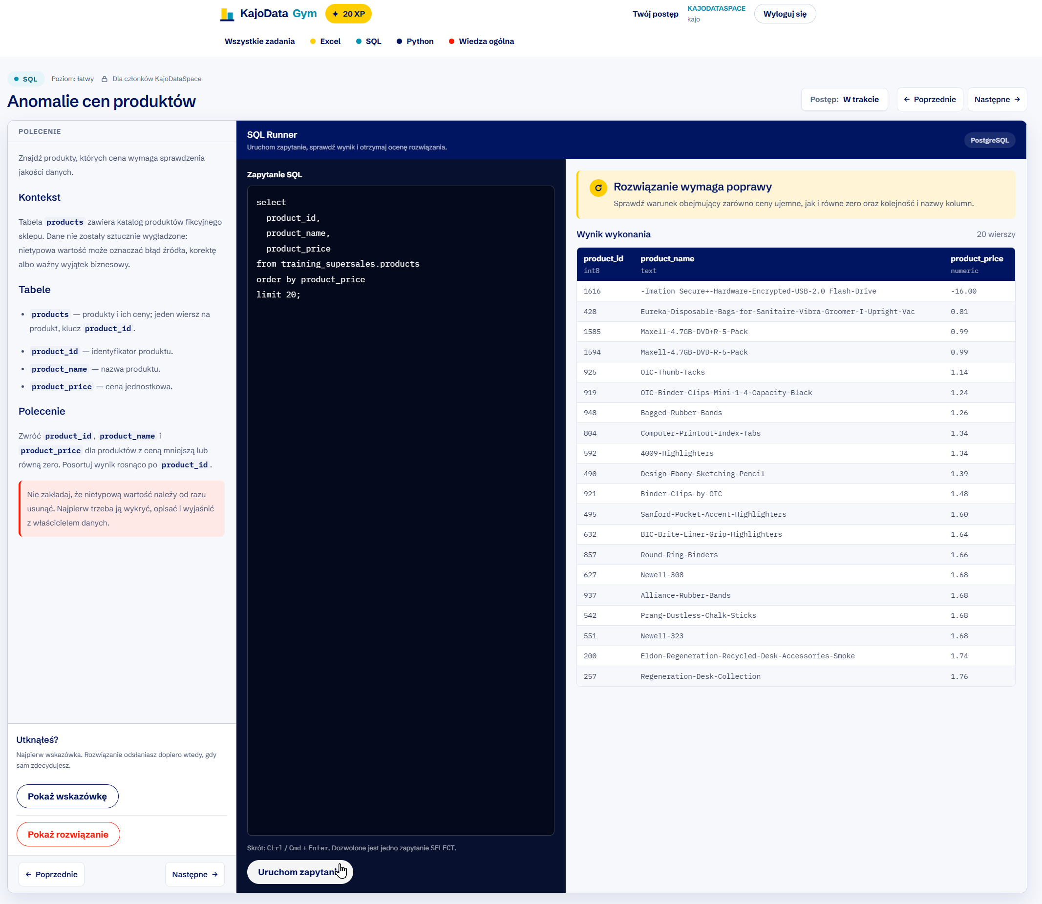 KajoDataGym - zadanie SQL z edytorem zapytań i wynikiem z PostgreSQL